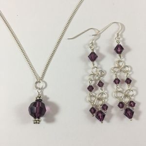 Purple Crystal & Silver Necklace/Earring Set EUC
